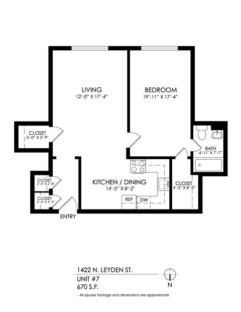 Floor plan for 1 bed, 1 bath, 650 sqft